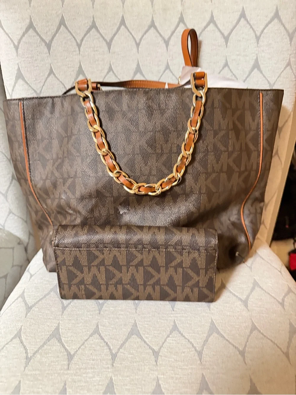 Michael Kors Brown Logo Tote with Gold Chain Handles and Matching Wallet